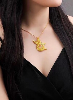 越南沙金新款孔雀凤凰吊坠项链女里外一色3D仿真婚假三金首饰