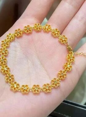 周家新款ing蕾丝镂空桃花铜镀金手链 复古好运连连