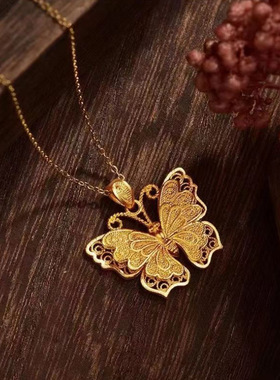 越南沙金花丝蝴蝶项链吊坠女款经典花丝古法蝴蝶项坠铜镀金不掉色