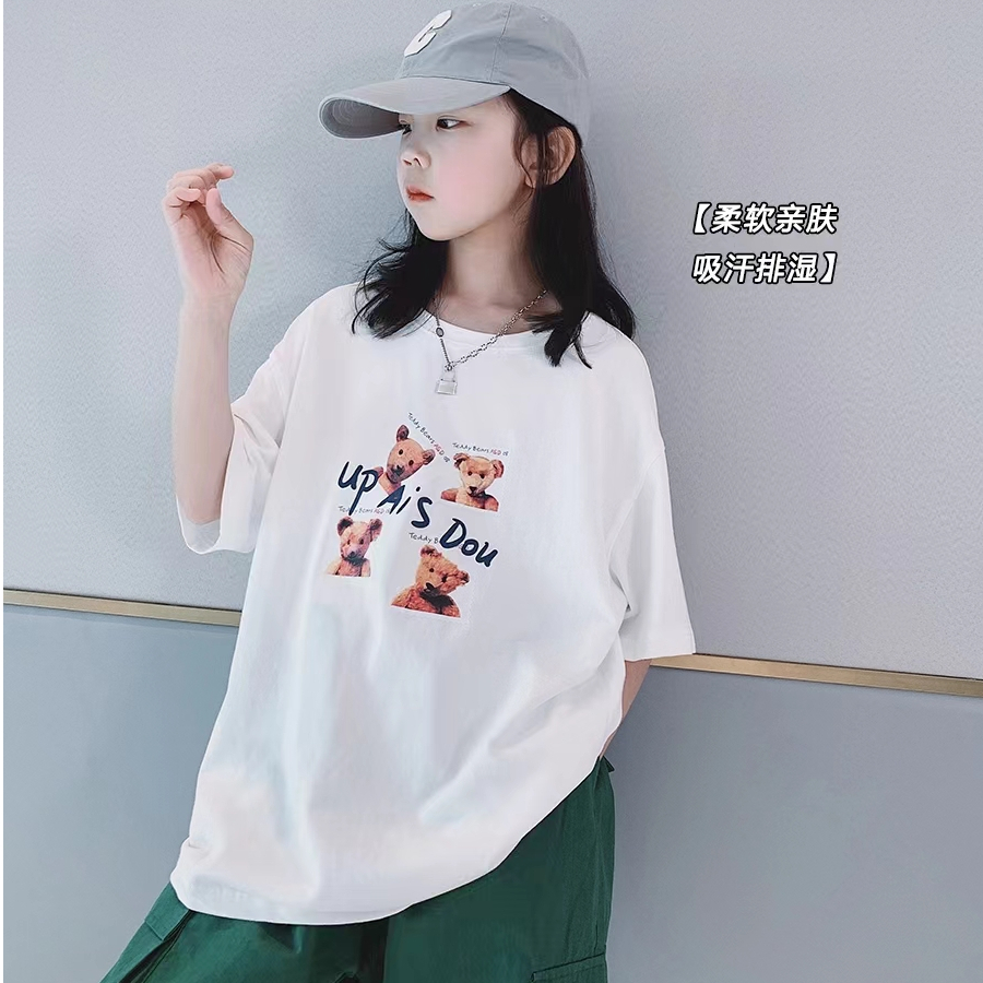 女童白色纯棉圆领短袖T恤夏季2025新款中大童8岁12女孩卡通打底衫