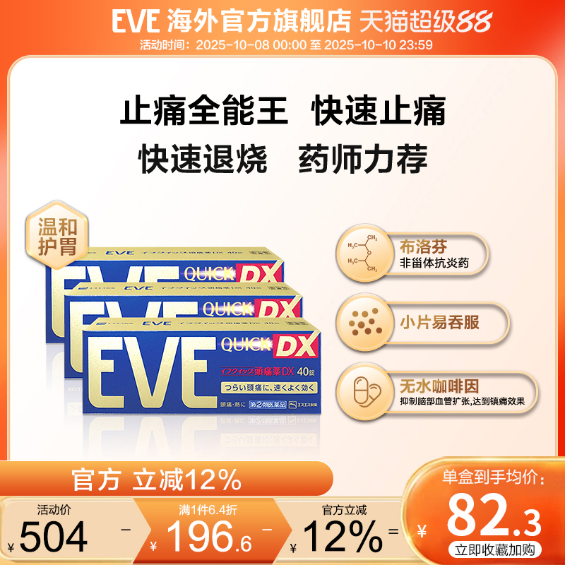 eve白兔止疼药喉咙痛速效头疼药退烧药痛经牙疼药布洛芬40片*3盒