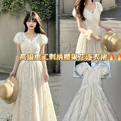 甜甜夏上新高级重工刺绣腰果花泡泡袖连衣裙(含70真丝)