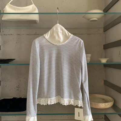 甜甜26年早春花边圆领条纹蕾丝拼接长袖T恤R70918