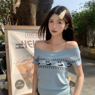 A25281 针织衫 甜甜纯欲小众设计感一字领撞色提花修身 显瘦短袖