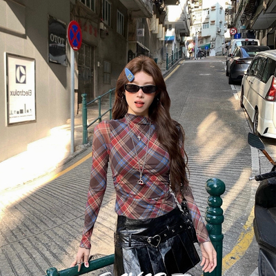 甜甜新款辣妹洋气百搭复古立领撞色格纹修身显瘦长袖T恤A23558