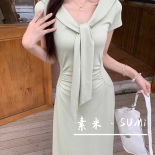 甜甜轻奢气质掐腰显瘦系带设计感A摆短袖 28337 长裙连衣裙XIAO