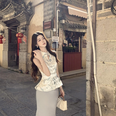 甜甜水墨国风无袖缎面提花上衣+垂感鱼尾半身裙两件套套装3298