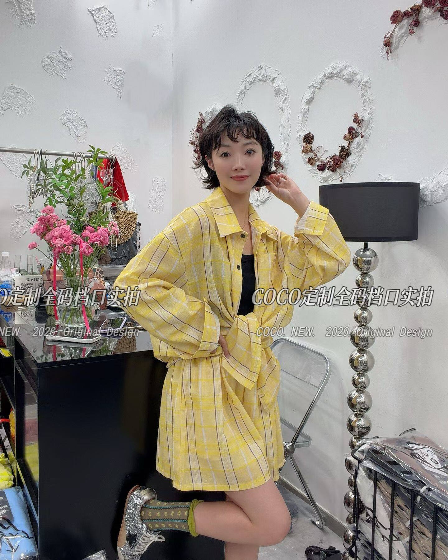 2026新款时尚百搭翻领宽松长袖衬衫短裤套装女潮上衣女ins女格子