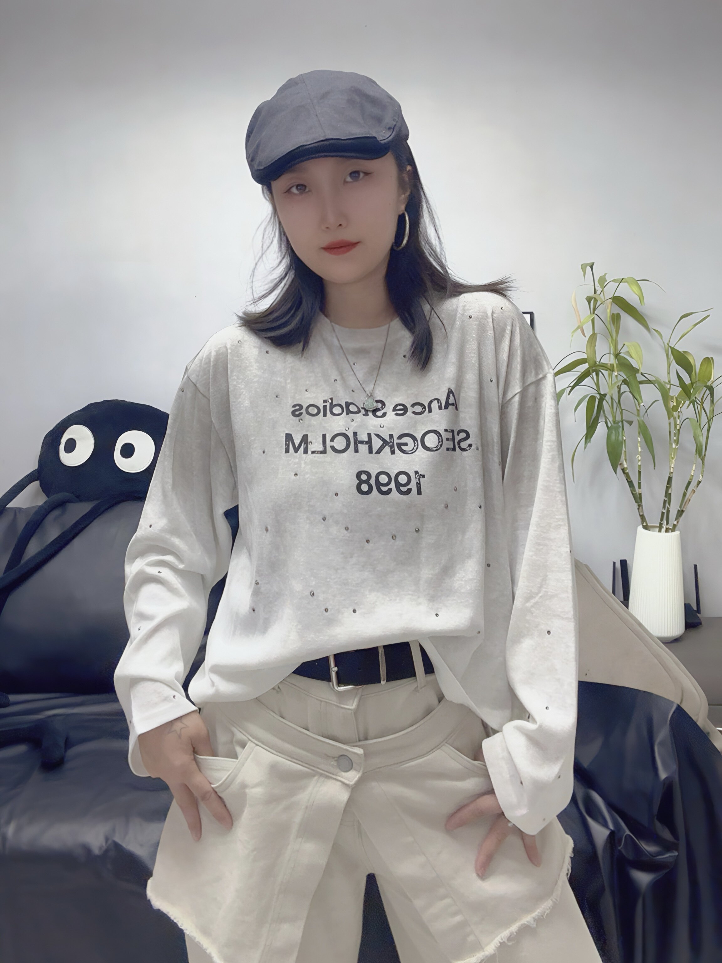 PW欧货2025早秋新款时尚圆领宽松显瘦渐变色字母重工长袖T恤女潮
