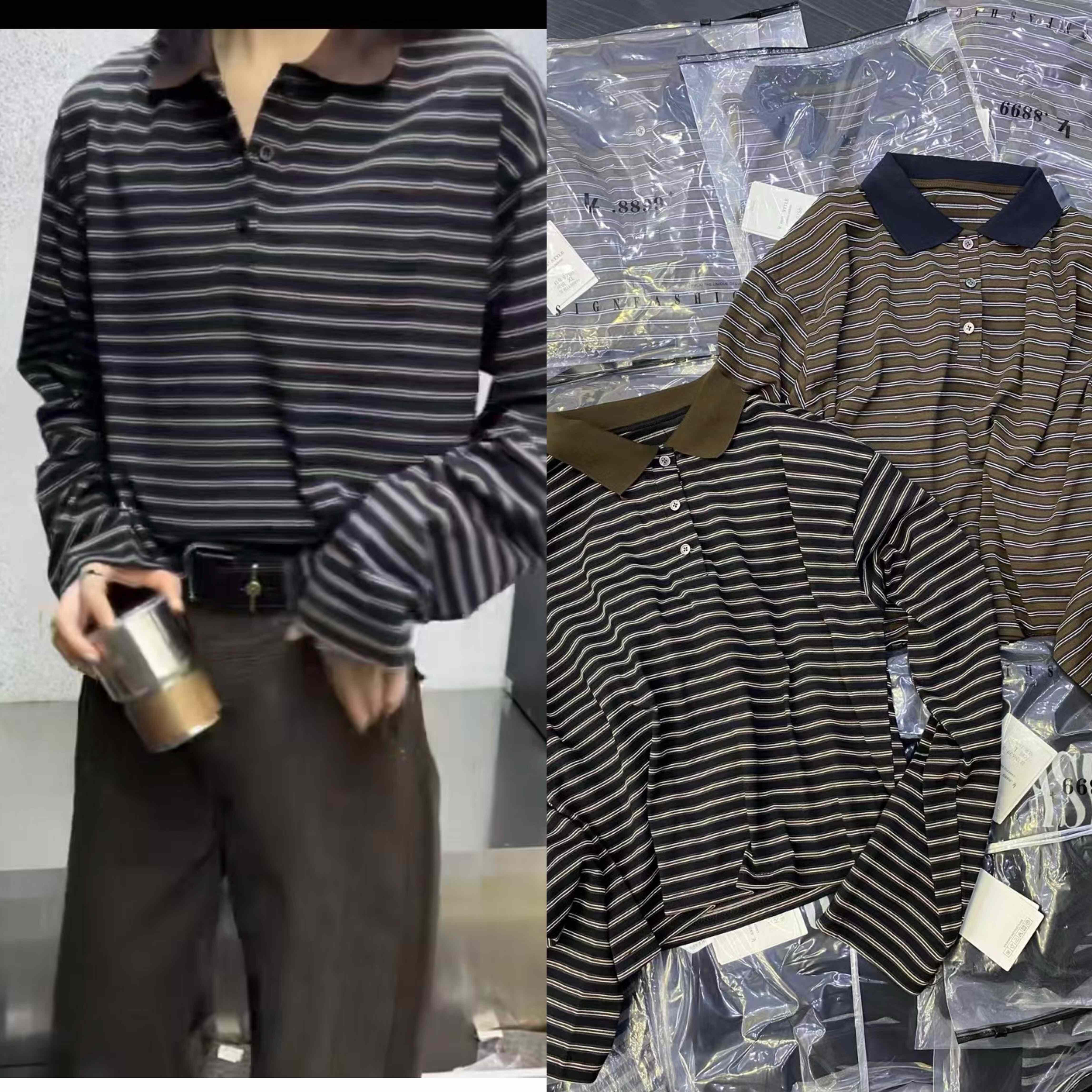 LL8899早秋欧货新款时尚百搭翻领宽松显瘦条纹pool领长袖T恤女潮