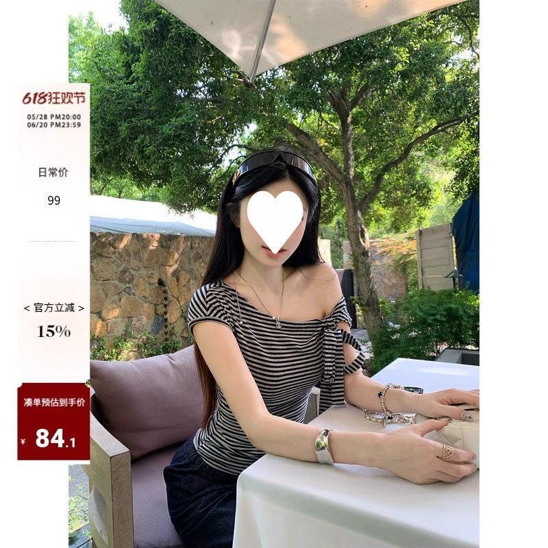 辣妹风绑带斜肩短袖T恤2025夏季新款显瘦修身气质短款小众上衣女