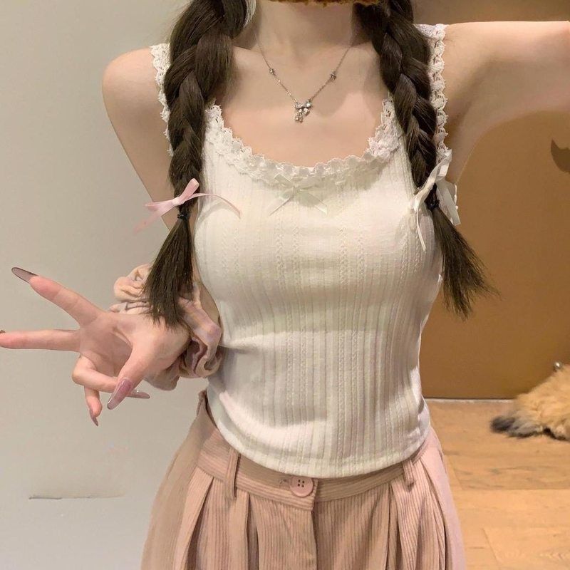 miu系蕾丝蝴蝶结花边u领吊带背心女春夏纯欲bm风内搭打底美背上衣