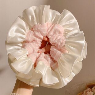 法式温柔粉色条纹缎面大肠发圈女超大号头绳高级感丸子头百搭发饰