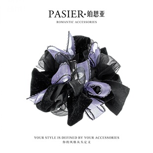 时尚奢华丝绒紫织带韩式低丸子头发圈女士减龄显发量马尾头绳发饰