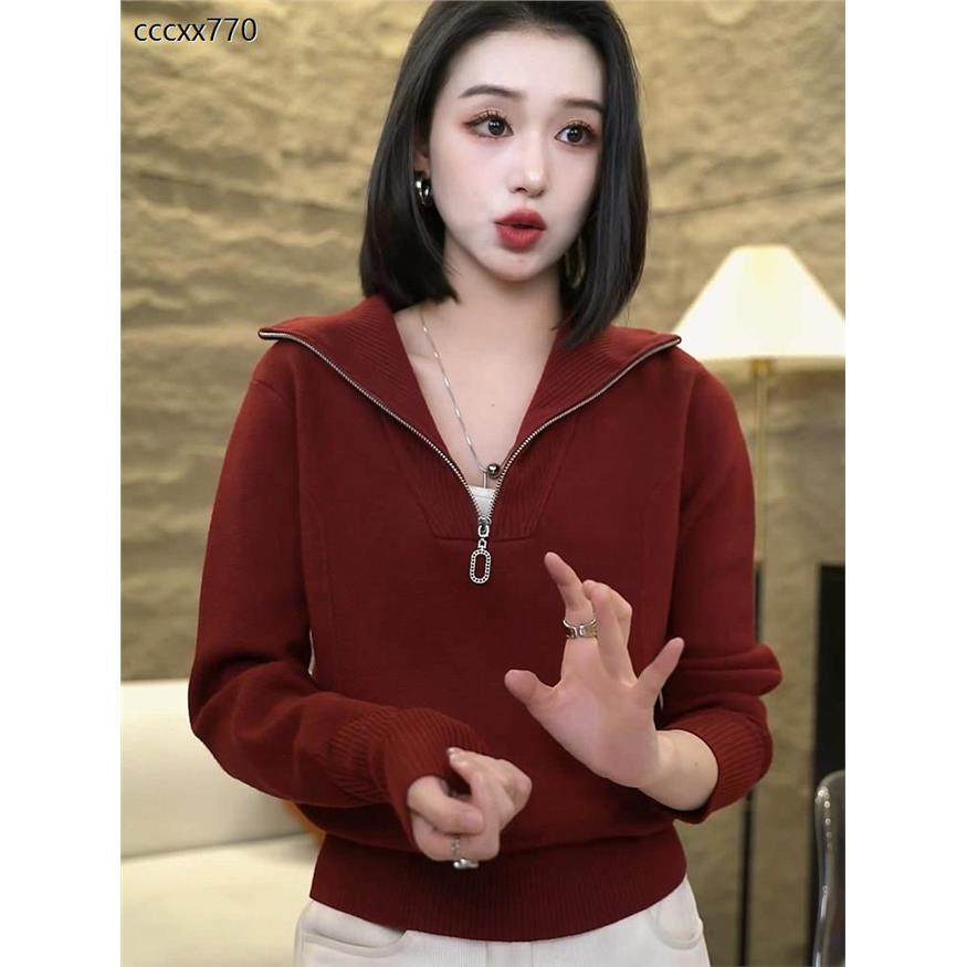 翻领半拉炼针织上衣的妇女2025秋冬新时尚多功能修身Look套头衫内