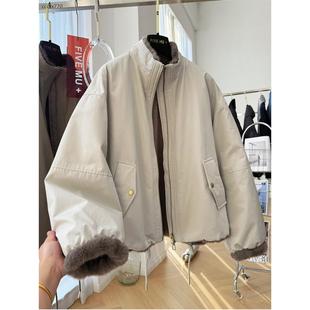2025新款高级感立领短款工装外套女冬季毛毛内胆仿皮草派克服夹克