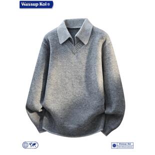 联名假两件衬衫领针织衫男秋冬灰色百搭休闲毛衣打底衫