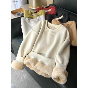 奶白色圆领卫衣女秋冬季仿羊羔绒加厚外套长袖套头无帽上衣打底衫