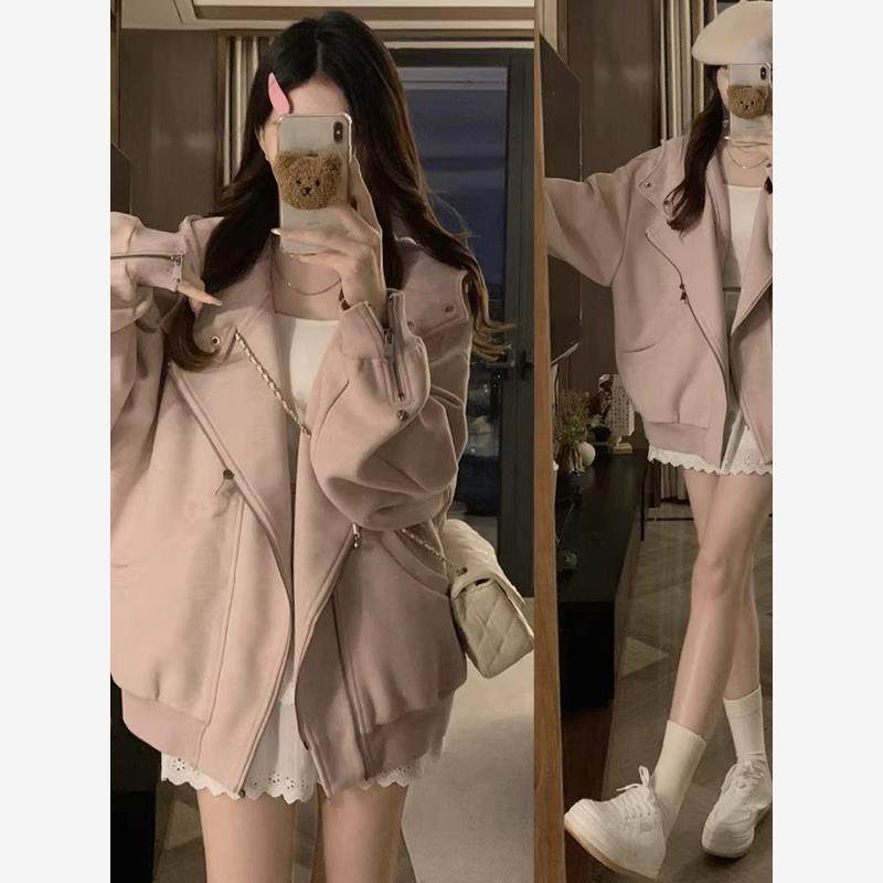 美式覆古粉色棒球服外套女2025春秋新款学生宽松休闲显瘦连帽卫衣