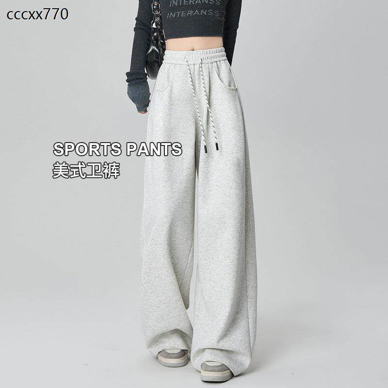 美式运动厚棉裤子女春夏薄2025新款高腰宽松垂感直筒休闲 糯米阔
