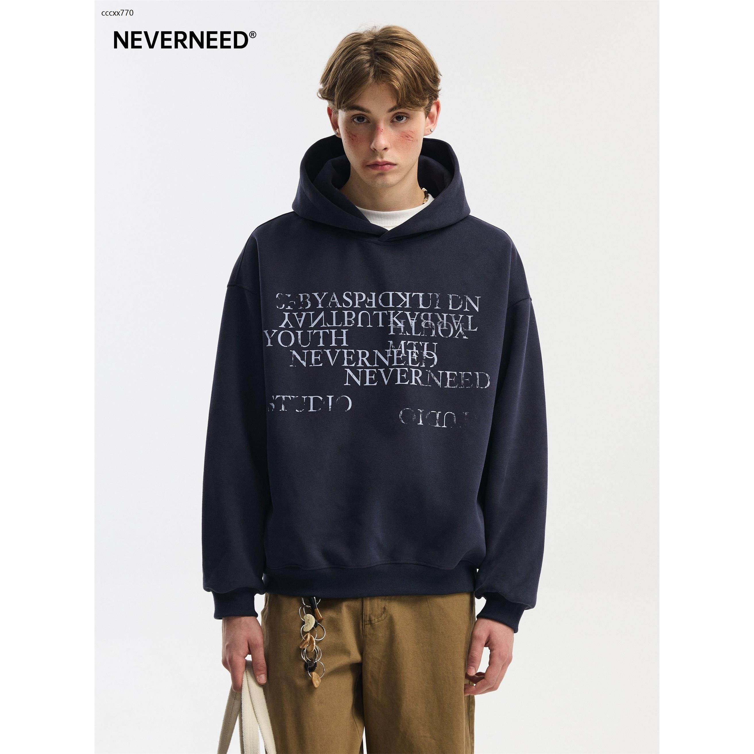 NEVERNEED重磅字母印花短款连帽卫衣男秋季美式cleanfit套头上衣