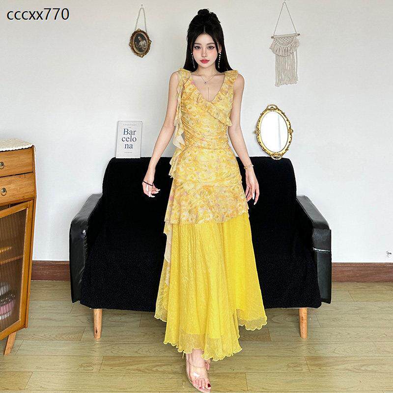 HEYOUNGIRL花漾少女荷叶边碎花吊带连衣裙纯欲叠穿黄色网纱长裙