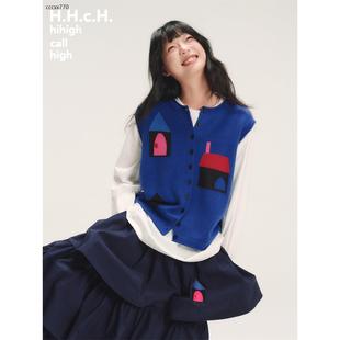 针织马甲毛衣 彩色房子提花6羊毛混纺宝蓝色无袖 HHCH口海 AW25