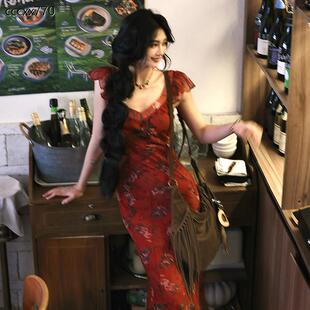 女重磅立体剪裁红色茶歇长裙鱼尾裙夏季 AZure法式 覆古碎花洋装