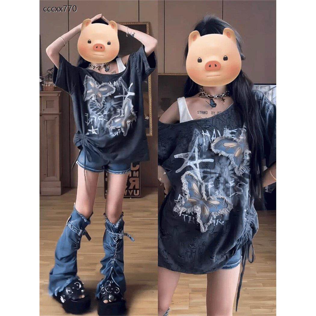 加码胖毫米夏季下半身缺失不对称的肩外拉绳宽松修身短袖t恤多功