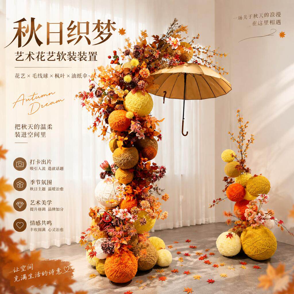 秋日织梦艺术花艺橱窗打卡装置图片
