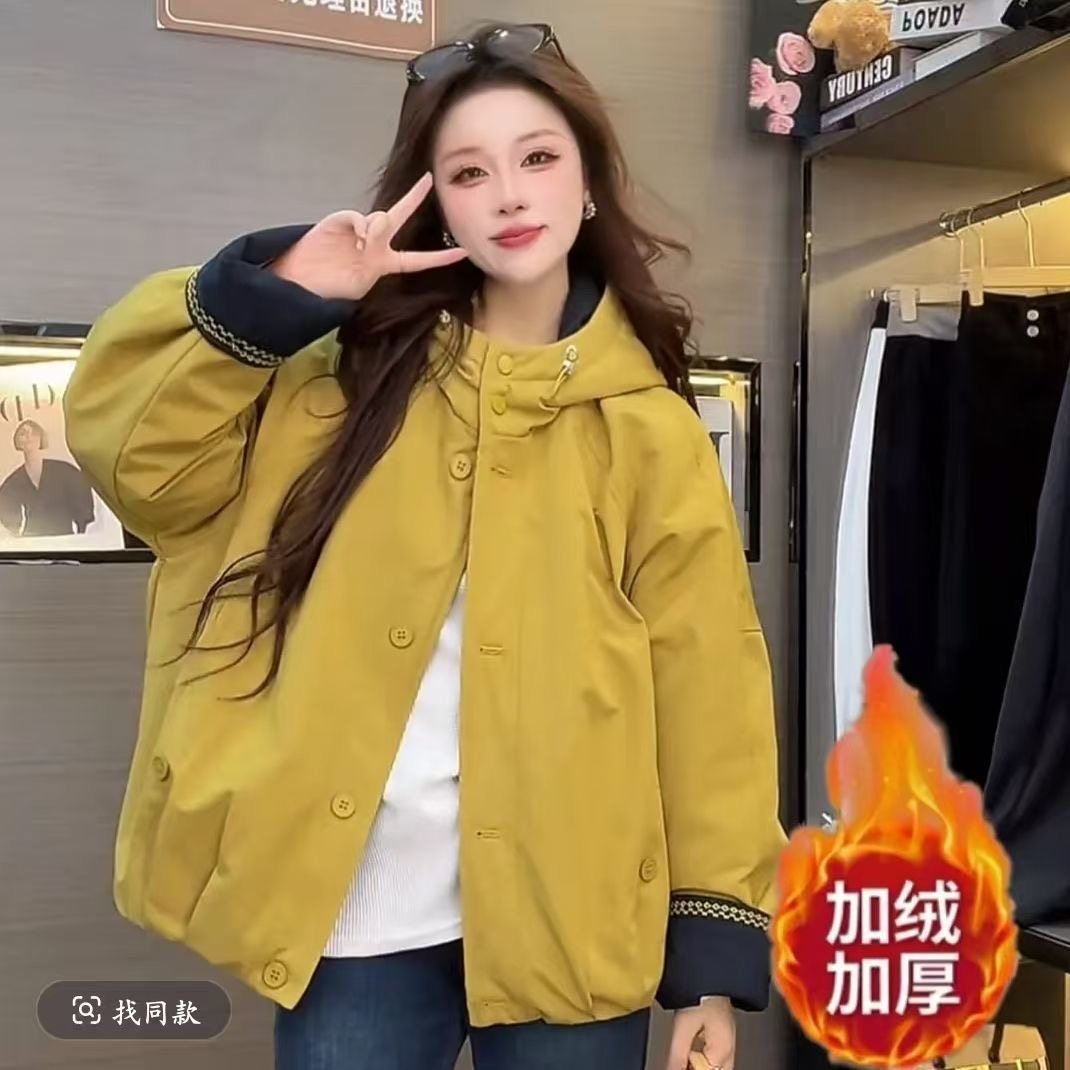 加绒加厚短款连帽冬季新款拼色韩版宽松加绒休闲外套上衣夹克外套,女装/女士精品,棉衣/棉服,淘宝优惠券,粉丝福利购,淘宝优惠卷
