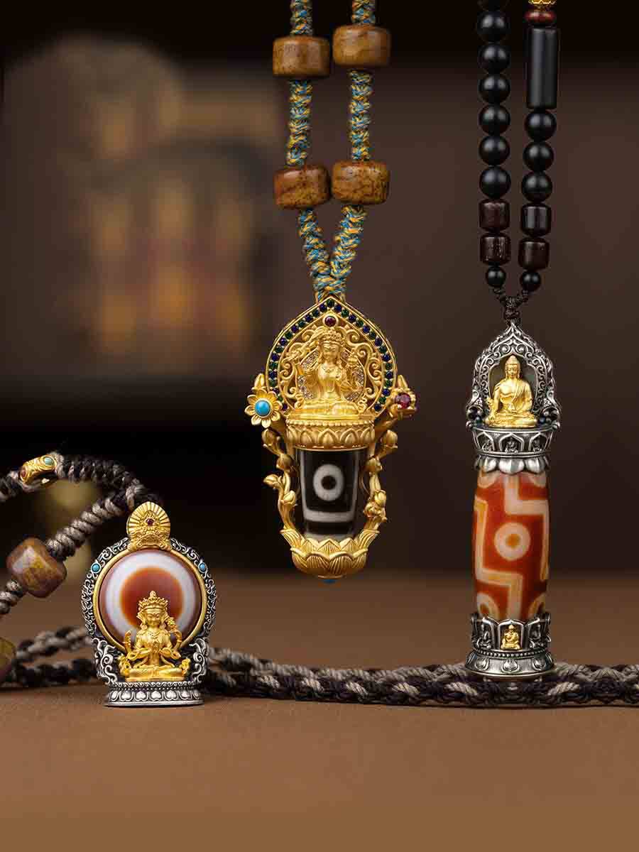 红肉九眼天珠s925泰银吊坠西藏饰品六字真言转运珠文殊男女款挂件