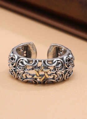 新款时尚六芒星戒指男做旧镂空设