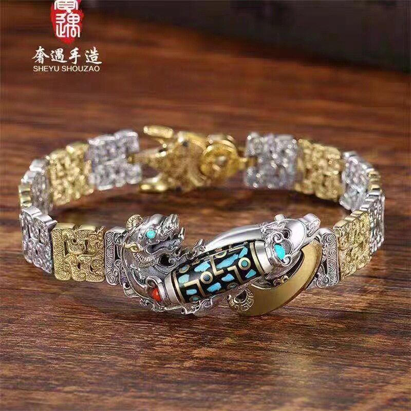 转动貔貅手链男款复古男士皮丘小
