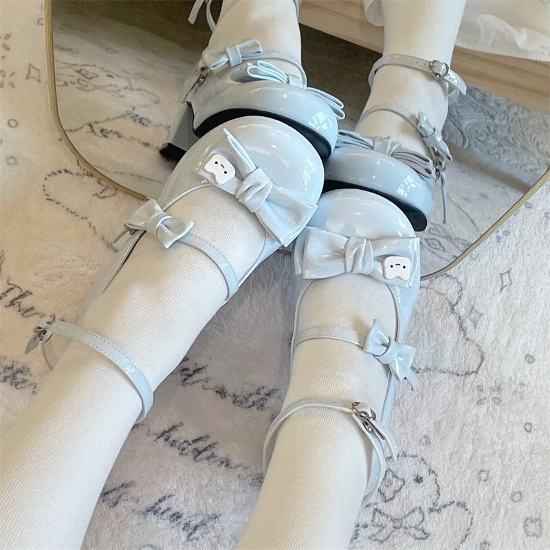 原创浅蓝色多巴胺蝴蝶结小皮鞋2025新款设计感韩系可爱玛丽珍鞋子