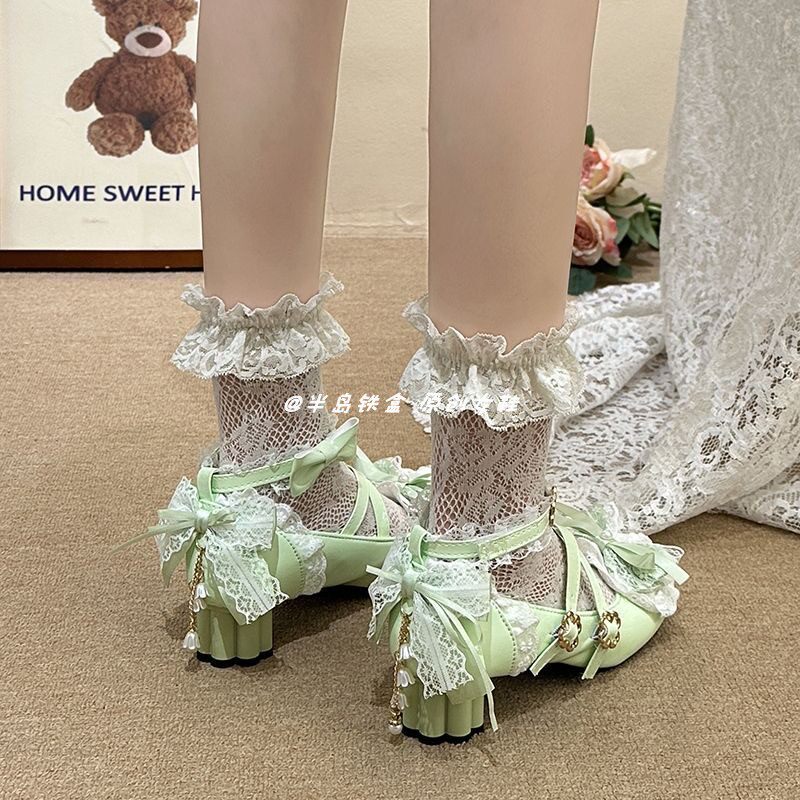 【四叶·踏莎行】甜美花边蕾丝lolita绿色lo鞋四叶草蝴蝶结小皮鞋