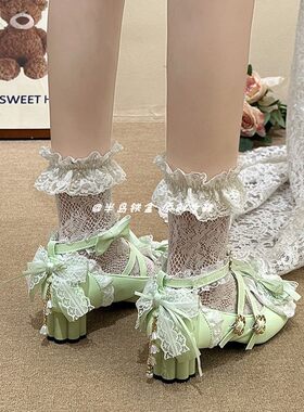 【四叶·踏莎行】甜美花边蕾丝lolita绿色lo鞋四叶草蝴蝶结小皮鞋
