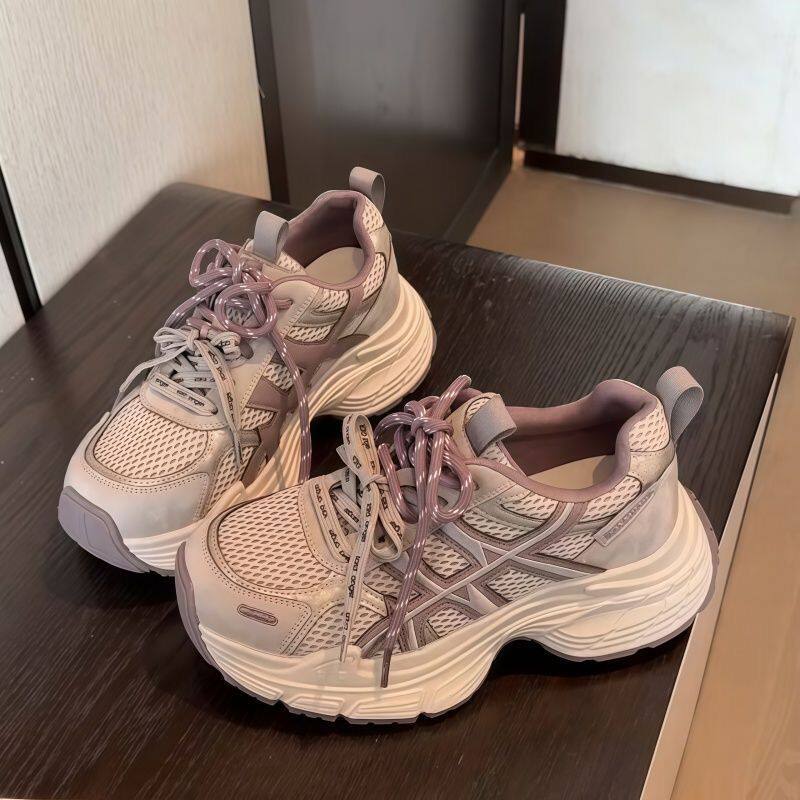 双鞋带复古做旧棕色厚底老爹鞋女2026新款轻便增高运动休闲鞋女