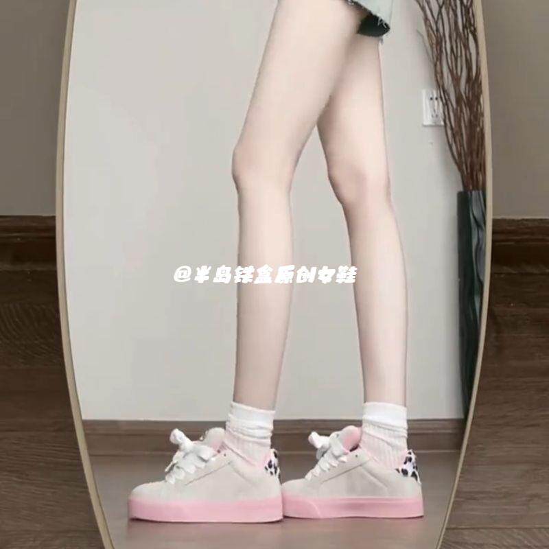 粉灰色豹纹原创复古轻便滑板鞋女ins有擦声面包鞋校园风休闲鞋女