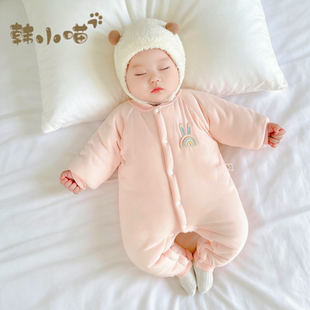 新生婴儿衣服纯棉小月龄女宝宝夹棉连体睡衣初生加厚连身冬装棉服
