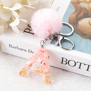 1Pc Pink Pompom Letter Keychain English Alphabet Keyring wit