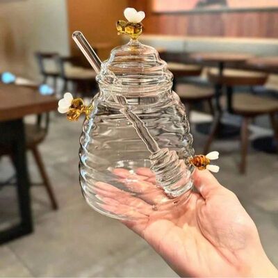 Honeycomb Design Bee Glass Honey Jar with Lid Dipper Stick C