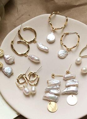 Korea Design Metal Gold Geometric Irregular Circle耳坠珍珠