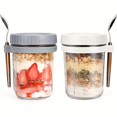 1pc/2pcs Glass Oatmeal Cup, Overnight Oats Container with Li