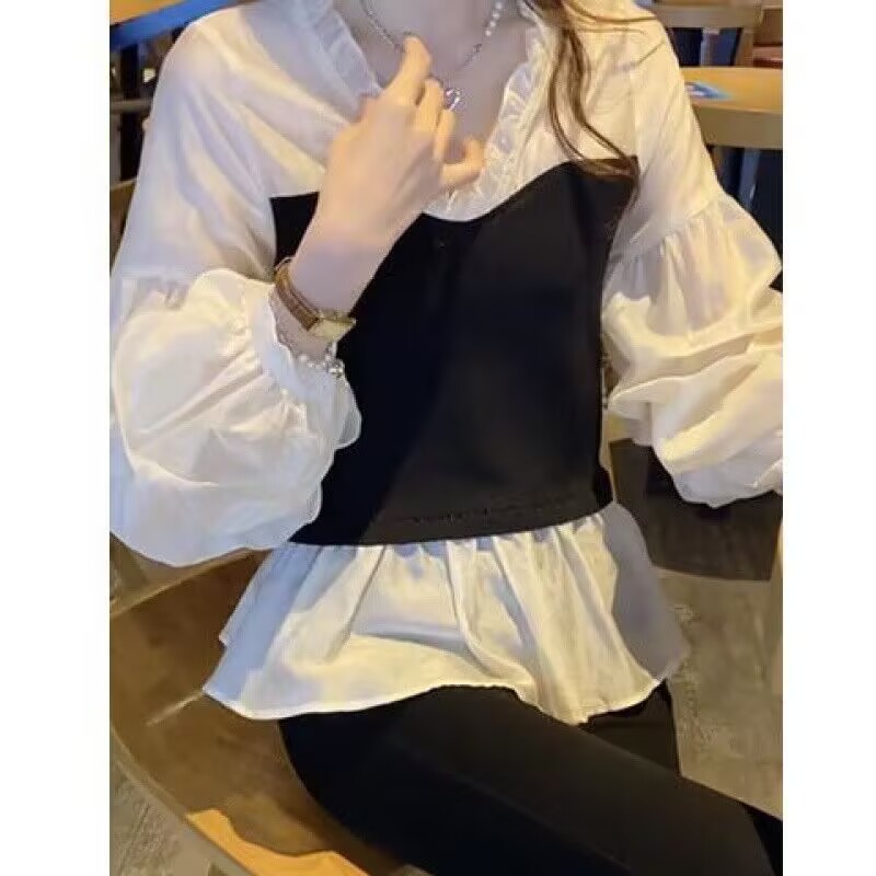 ww维维家胖MM秋季新款假两件衬衫女拼接针织修身褶皱灯笼袖衬衣