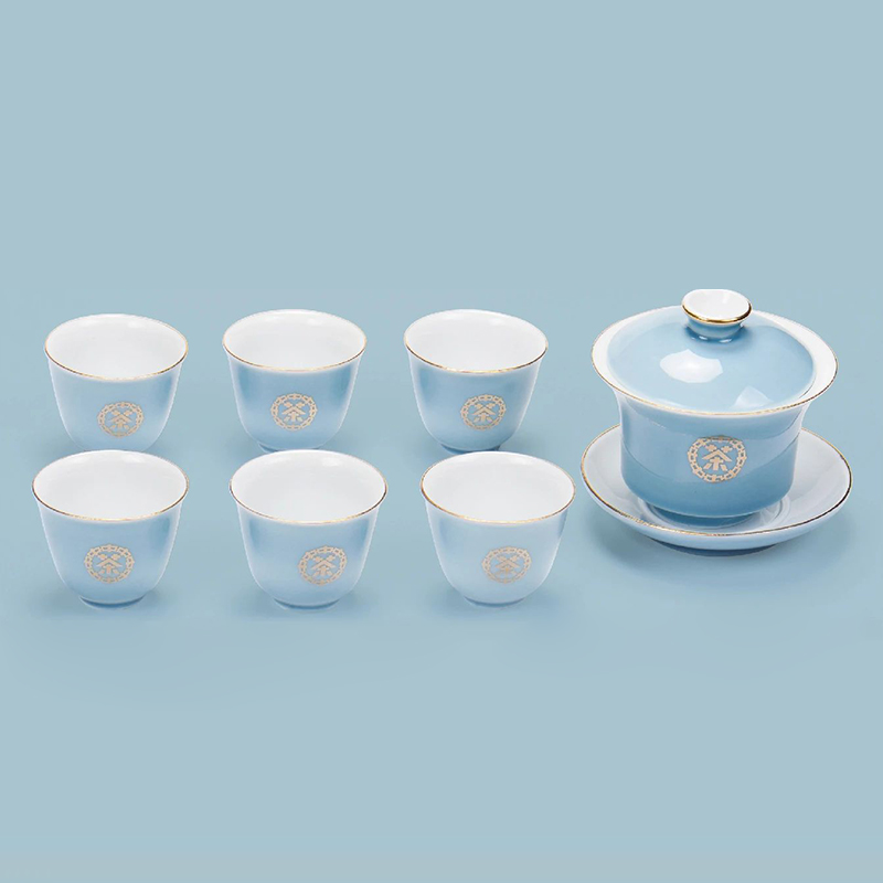 中茶蓝釉功夫盖碗描金茶具6套