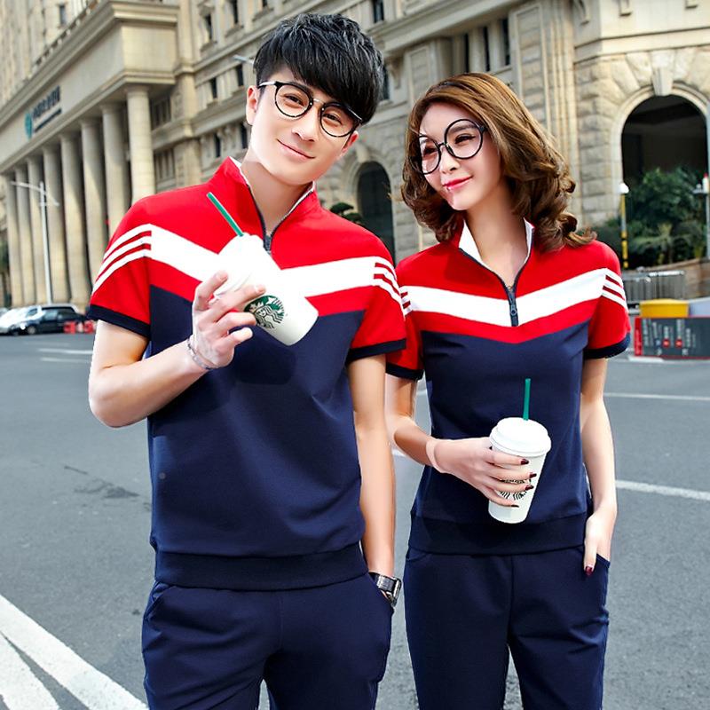 情侣运动套装男夏运款运服女短袖长动裤休闲生学动装大64146565码