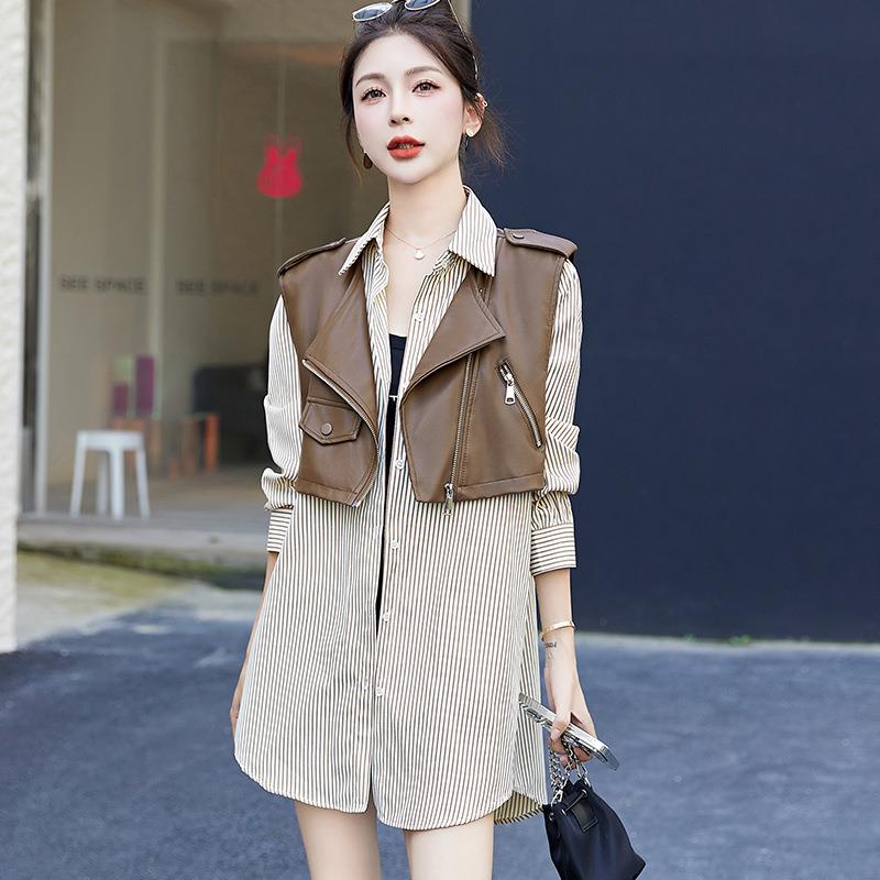 休闲时尚依8910套装女春秋新炸洋款气街货皮衣马甲条纹衬衫两欧件