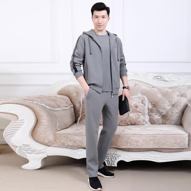 中老年运动套装衣男春秋季情65452侣休闲卫爸爸帽妈妈跑大码连三