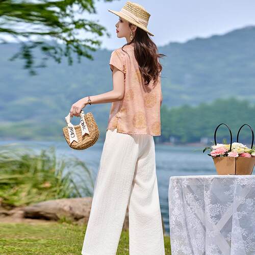 新雅中式国风立领优提花ZZI8650Y套装女夏季新款大气薄款阔腿裤两